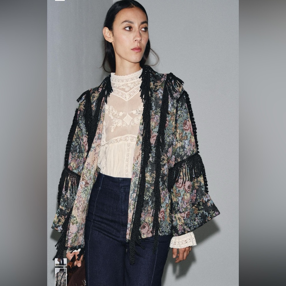 Zara Floral Jacquard Fringed Kimono Jacket NWT